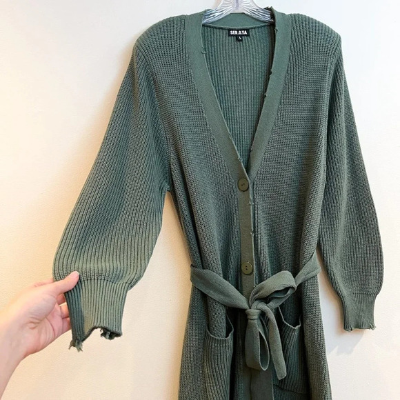 SER.O.YA Amanda Green Knit V Neck Tie Waist Button Down Sweater Maxi Dress L - Picture 3 of 13